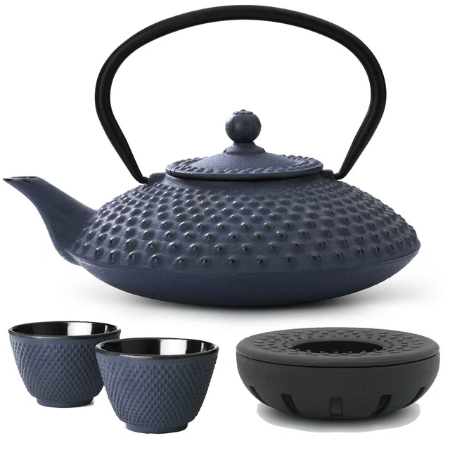 Asia Tee Set Teekanne Teesieb Stövchen Becher Teeservice Gußeisen blau 1,25 L
