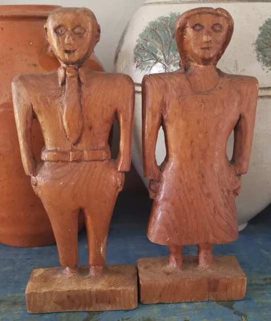 Folk Art Carved Figures 1940s Handcarved Wooden Couple