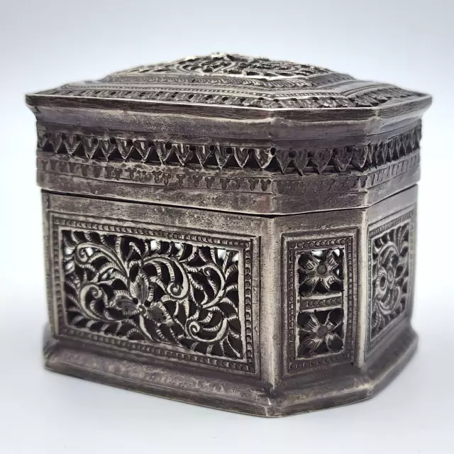 Antique Chinese Scroll Leaf Bird, Pierced, Etched Silver Cricket / Potpourri Box