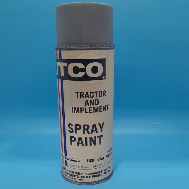 VINTAGE ITCO TRACTOR and IMPLEMENT GREY SPRAY PAINT PRIMER CAN PAPER