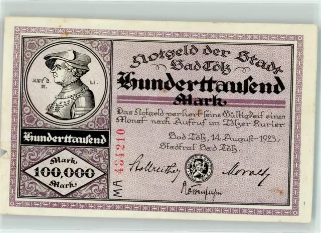 39610200 - 8170 Bad Toelz Notgeld 100000 Mark 1923 Toelz um 1700