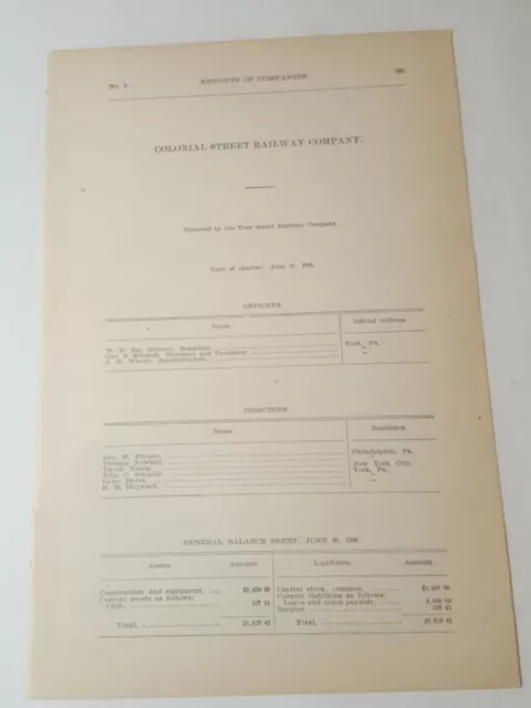 1906 document COLONIAL STREET RAILWAY York Pennsylvania trolley train streetcar