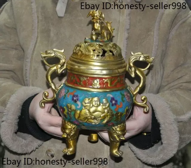 11.4"Chinese bronze Gilt Cloisonne dragon foo dog Maitreya statue incense burner