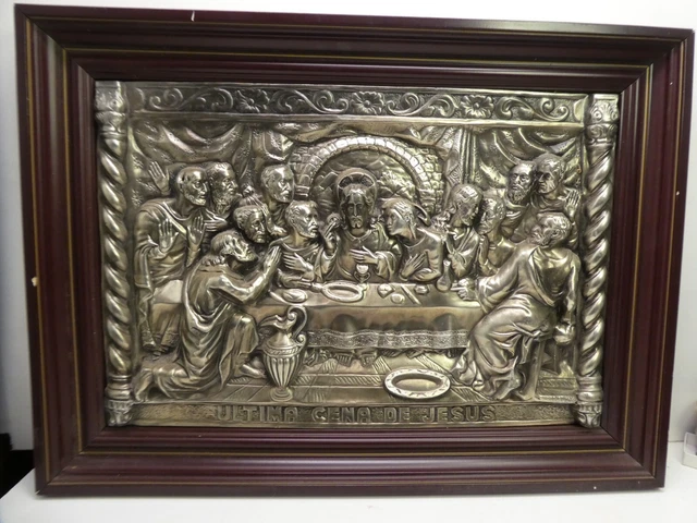 VINTAGE EMBOSSED METAL Panel Last Supper Jesus Disciples Statue Wall ...