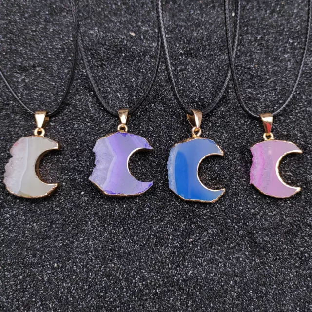 Crescent Moon Agate Quartz Druzy Pendant Gold Coating Crystal Necklace Healing