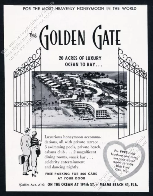 1958 honeymoon theme Golden Gate hotel Miami Beach FL vintage travel print ad