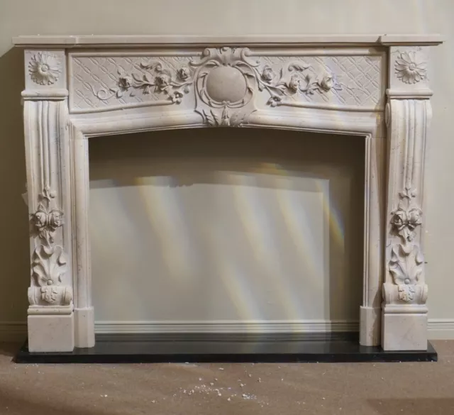 Beige Solid Marble Fireplace Mantel Hand Carved 56"W x 43"H