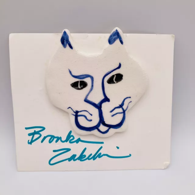 Ceramic Brooch Pin Studio Art Cat Face White Blue Artist Signed 2.75 x 2.75”