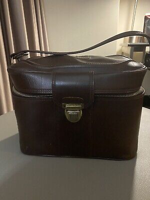 Vintage 70s Sears Hardshell Cosmetic Vanity Train Case Brown Faux Leather