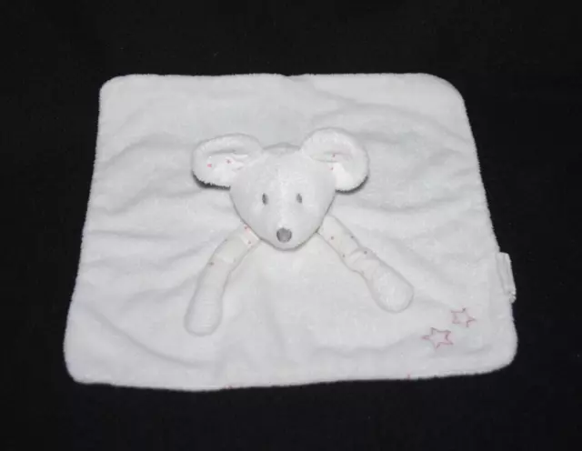 Doudou plat blanc souris OKAIDI OBAIBI étoiles imprimées rose TTBE