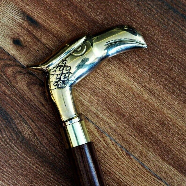 Brass Designer Eagle Head Handle Walking Cane Vintage Solid Wooden Stick Gift