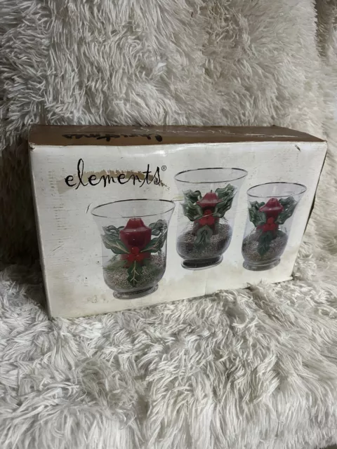 Elements Set of 3 Christmas Holly Hurricane Glass Candle Holders Hand Painted