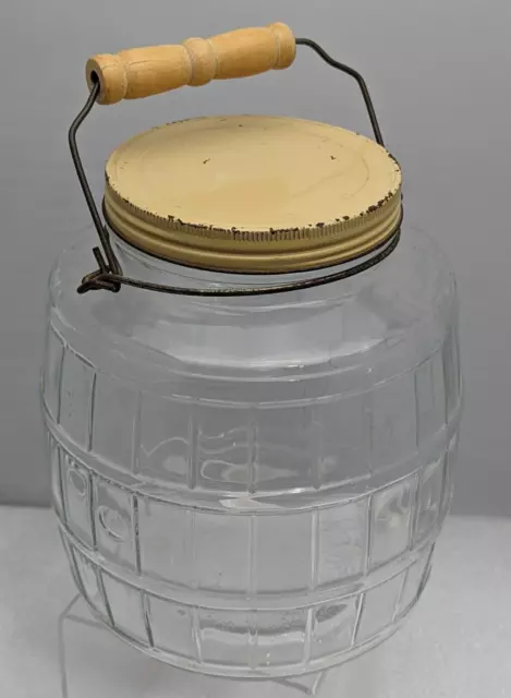 Vintage Gallon Clear Glass Barrel Pickle Jar Screw Lid Wire Bale Wooden Handle
