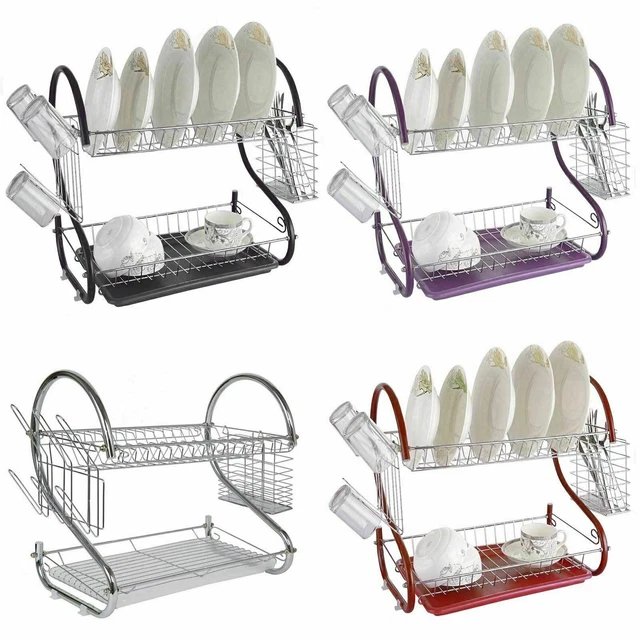 DOUBLE 2 TIER Dish Drainer Rack With Drip Tray Kitchen Drying Rack