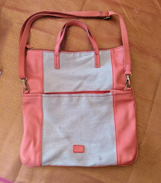 Fossil Kira Top Zip Leather Handle Handbag Bag Tote Canvas Convertible Foldover