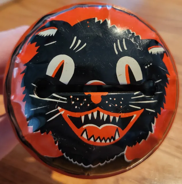 Vintage KIRCHHOF Tin Litho Spooky Black Cat Halloween Noisemaker Made In USA