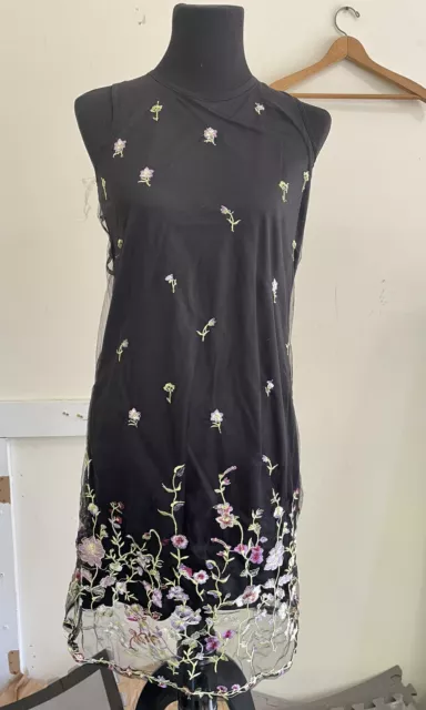 Black Floral MIDI Dress With Embroidered Mesh Net Accent Purple Size M NEW