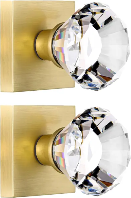 2 Pack Satin Brass Dummy Door Knob Set Clear Glass Crystal Inactive Door Knobs