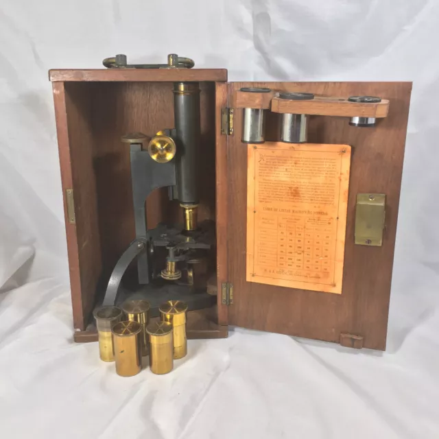 Antique R & J Beck Ltd Wooden Cased MICROSCOPE C. 1897 w/ EXTRA Lenses