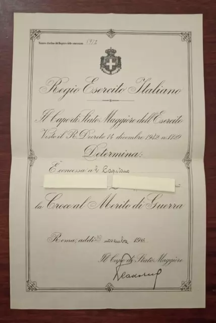 Documento Attestato 1945 Regio Esercito Italiano Croce Al Merito Di Guerra