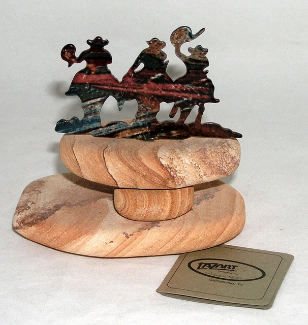Lazart Metal Art Cowboys on Horses Sculpture Mounted on Sandstone Southwest Deco