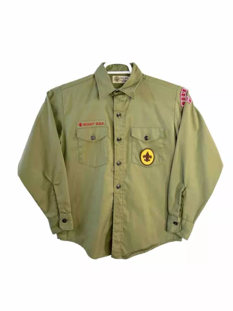 Vintage Olive Green BSA Boy Scout Long Sleeve Shirt Boy Scout Uniform Patches WI