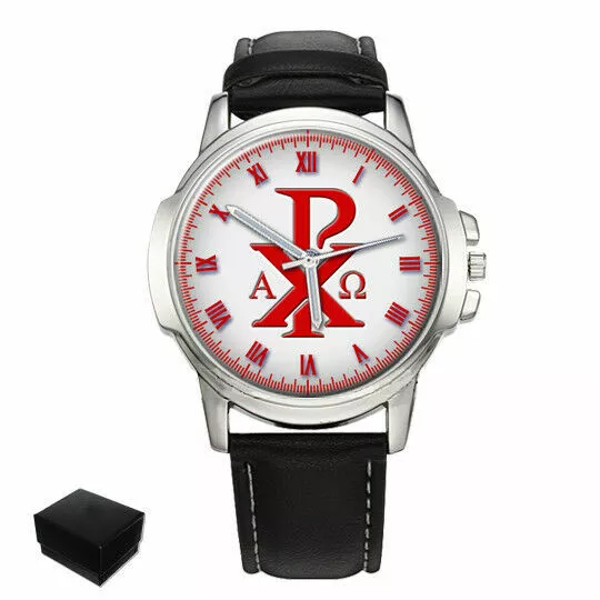 Chi-Rho Cross Christogram  Alpha Omega Mens Wrist Watch Birthday Gift Engraved 2