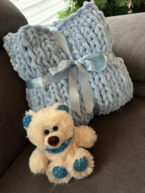 Babydecke Kinder handarbeit Chunky Wolle kuschelweich Blau Fingerstricken