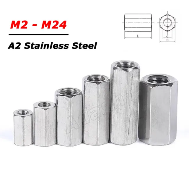 M2 - M24 Hex Connector Nuts Threaded Sleeving Rod Bar Stud Long Nut A2 Stainless