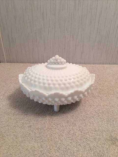 Vintage Fenton Hobnail Milk Glass Covered Footed Oval Candy Dish 7”x 5”