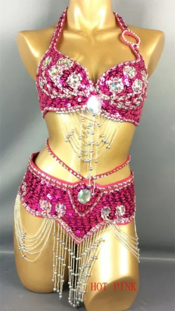 NEW handmade fully beads Belly Dance Costume Outfit Set Bra Belt Carnival 2PCS