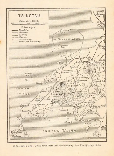 China Tsingtau Qingdao anno 1906 Hauptstadt von Kiautschou- Hist. Karte von 1906