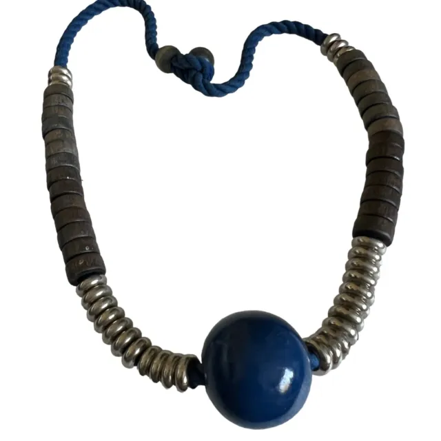 Aarikka Finland 24 Inch Necklace Blue Ball Pendant Metal & Gray Wood Beads