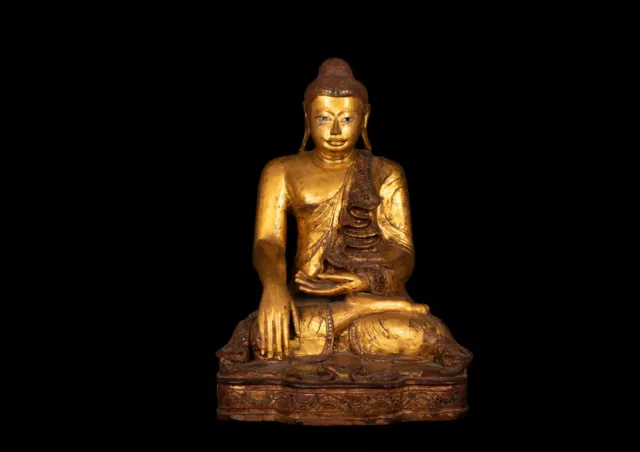 Burma / Thailand 20. Jh. Eine Vergoldete Holzfigur Buddha Im Burmesischen Stil