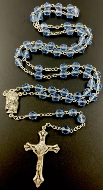 Vintage Catholic Blue Crystal 5 Decade Rosary, Silver Tone Crucifix, Italy