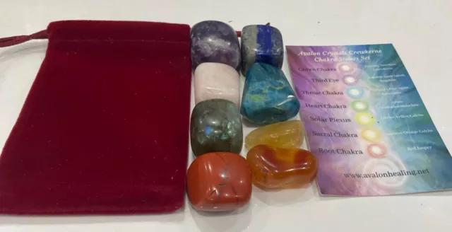Chakra Crystal Set - Reiki XL 8 Tumble Stones 💖 Chakra Healing Card Velvet Bag✨