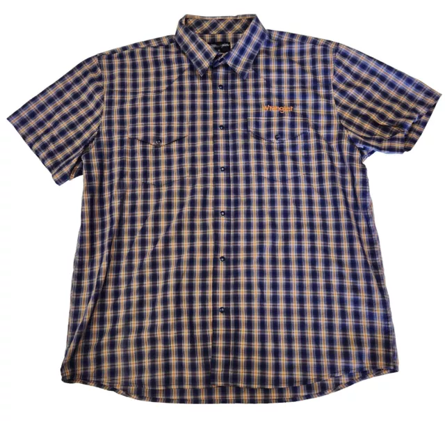 Wrangler Short Sleeve Pearl Snap Button Shirt Mens Size XL Blue Yellow Plaid
