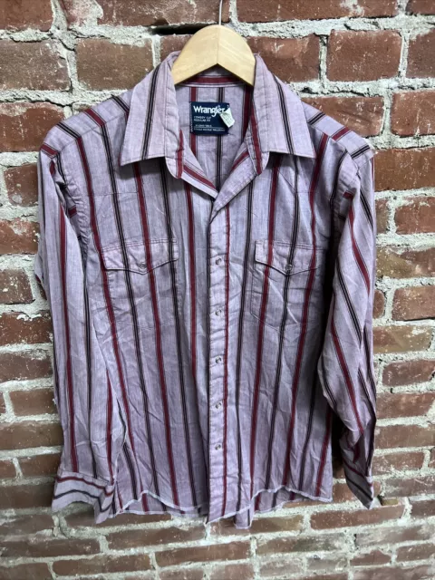 Wrangler Western Shirt Mens Maroon Red Long Sleeve Striped Pearl Snap 15 1/2-33