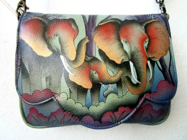 Anuschka Elephant Family Hand Painted Leather Scallop-Flap Crossbody Purse - Nwt