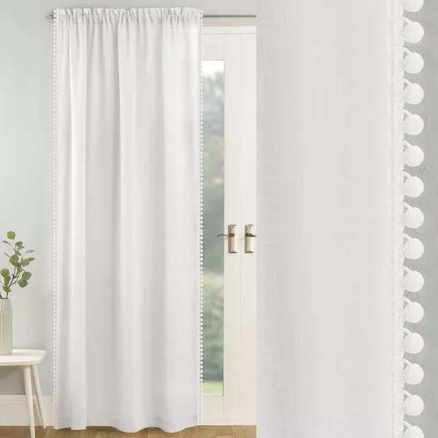 White Tahiti Pom Pom Trim Voile Curtain Panels Slot Top Single Panel