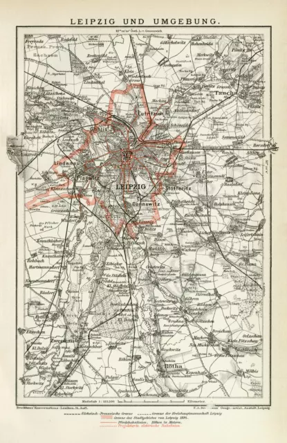 Leipzig & Umgebung historischer Stadtplan Deutsches Reich Lithographie ca. 1894