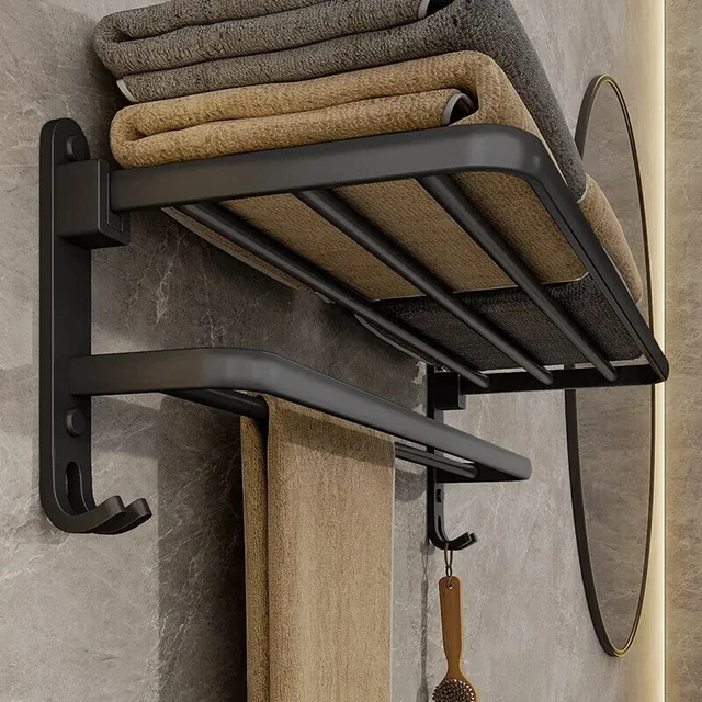 Matte Black 50CM Folding Towel Holder Rack With Hook Wall Mount Aluminum Hanger