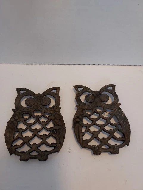 Pair of Owl Cast Iron Footed Trivets 1970s Boho Taiwan