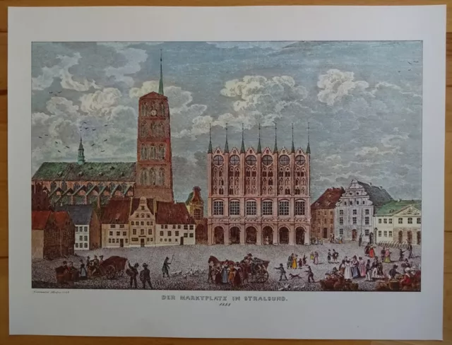 Der Marktplatz in Stralsund um 1838  Druck vom Stahlstich  33 cm x 21 cm