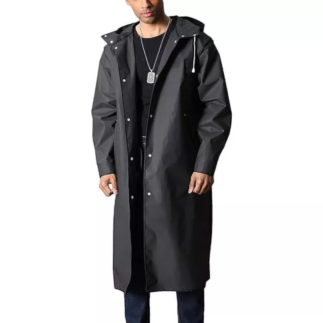 MEN BLACK WATERPROOF Long Raincoat Rain Coat Hooded Trench Jacket ...