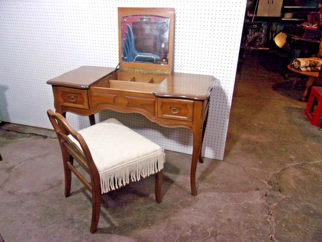 Vintage 1959 Drexel Basque Provincial Solid Wood Vanity + Chair Mid Century Set