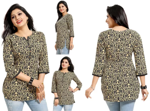 BLACK 3/4 SLEEVES MINI WOMEN FASHION Ethnic KURTA KURTI TUNIC TOP SHIRT SC2444