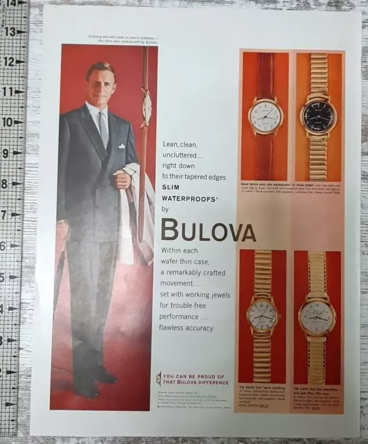 1959 Bulova Vintage Print Ad Watches Slim Waterproof Man Suit Timepiece Overcoat