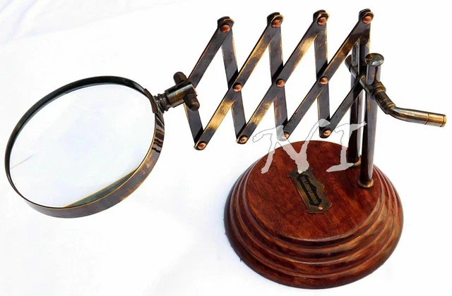 Old Desktop Channer Magnifier Brass Vintage Magnifying Glass on Wooden Stand New