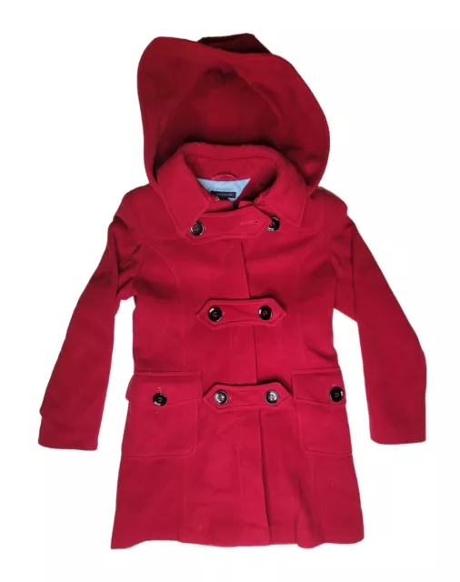 TOMMY HILFIGER WOMEN'S Wool Blend Pea Coat Red Detachable Hood Buttons ...